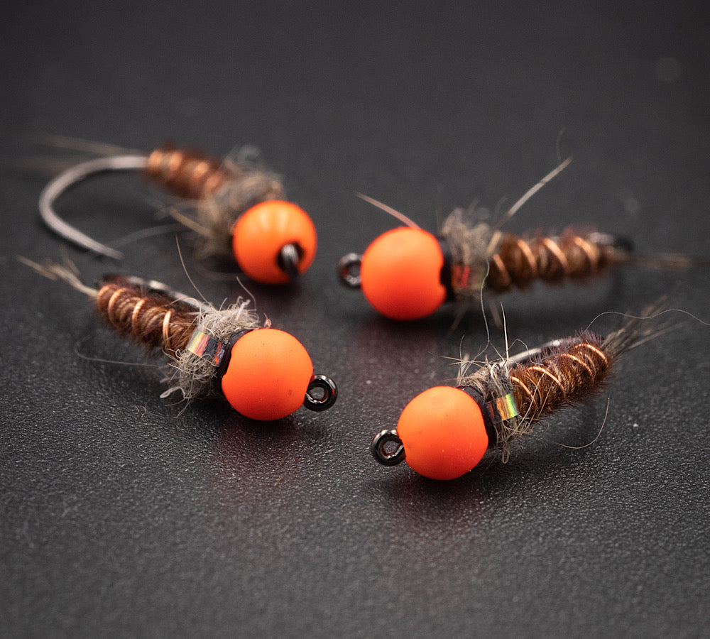 Pumpkin Head Fly Fishing Flies. Set of 3. Tungsten Beads. Nymphs