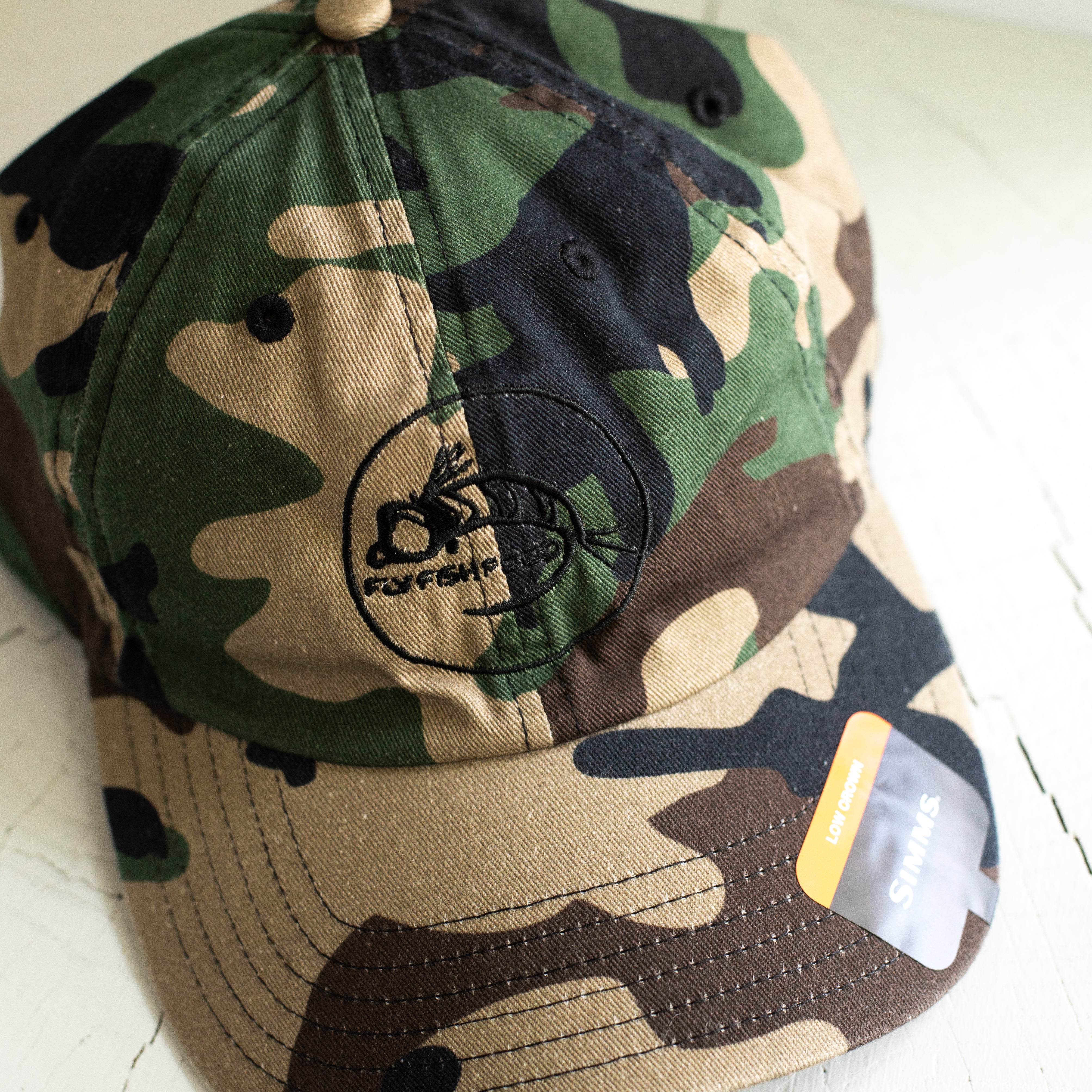 Simms Single Haul Cap - Fly Fish Food Logo - Woodland Camo